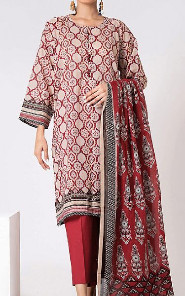 Khaadi Ivory/Red Lawn Suit | Pakistani Dresses in USA- Image 1