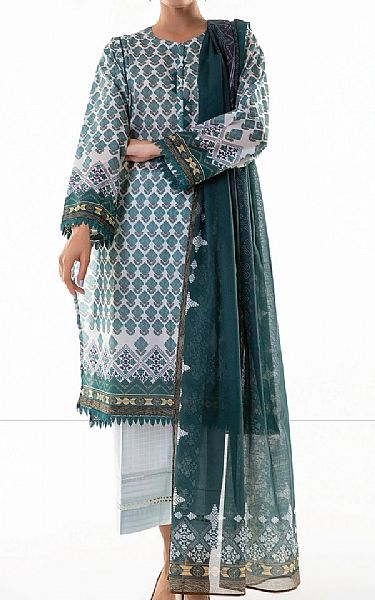 Khaadi White/Teal Lawn Suit | Pakistani Dresses in USA- Image 1