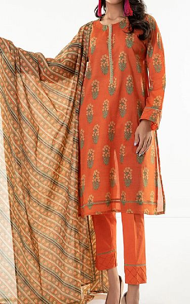 Khaadi Safety Orange Lawn Suit | Pakistani Dresses in USA- Image 1