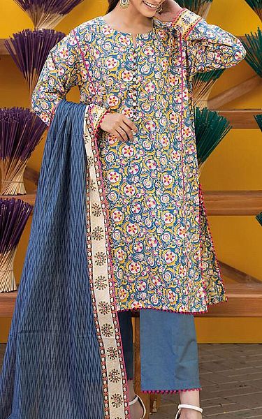Khaadi Mustard/Blue Lawn Suit | Pakistani Lawn Suits- Image 1