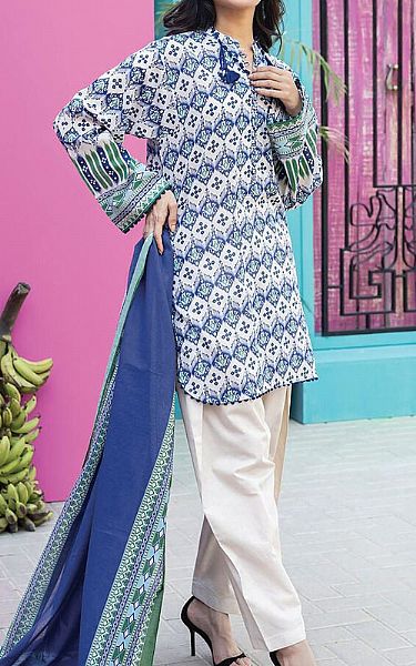 Khaadi Ivory/Blue Lawn Suit | Pakistani Lawn Suits- Image 1