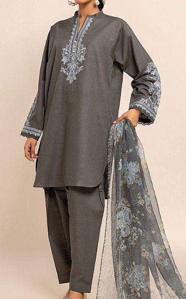 Khaadi Charcoal Crosshatch Suit | Pakistani Winter Dresses- Image 1