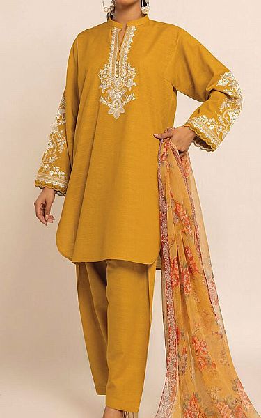 Khaadi Mustard Crosshatch Suit | Pakistani Winter Dresses- Image 1