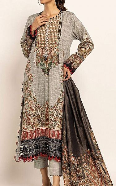 Khaadi Light Grey Cotton Satin Suit | Pakistani Winter Dresses- Image 1