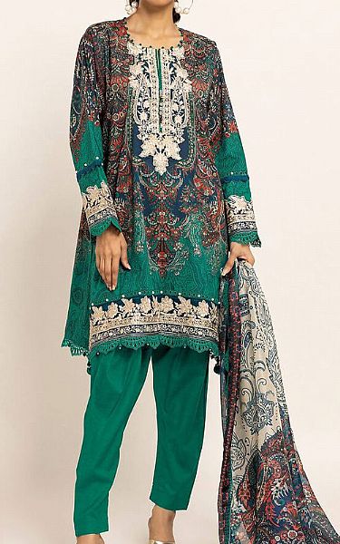 Khaadi Teal Cotton Satin Suit | Pakistani Winter Dresses- Image 1