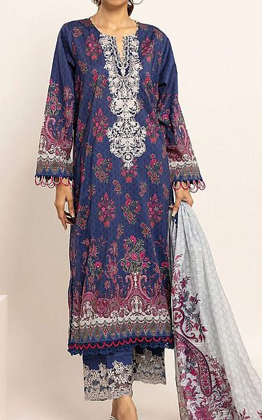 Khaadi Denim Blue Cotton Satin Suit | Pakistani Winter Dresses- Image 1