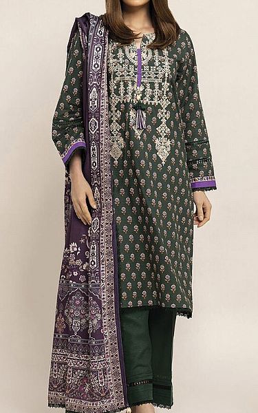 Khaadi Hunter Green Khaddar Suit | Pakistani Winter Dresses- Image 1