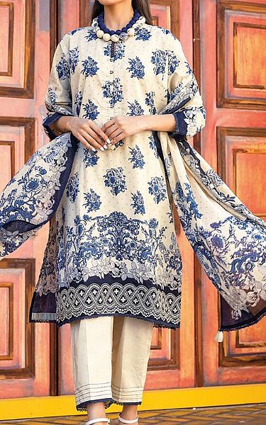 Khaadi Ivory/Blue Lawn Suit | Pakistani Lawn Suits- Image 1