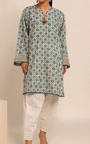 Khaadi White/Teal Khaddar Suit (2 Pcs) | Pakistani Winter Dresses- Image 1