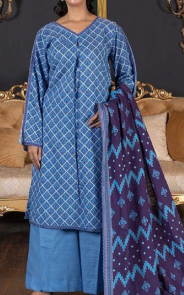 Khas Cornflower Blue Khaddar Suit | Pakistani Winter Dresses in USA- Image 1