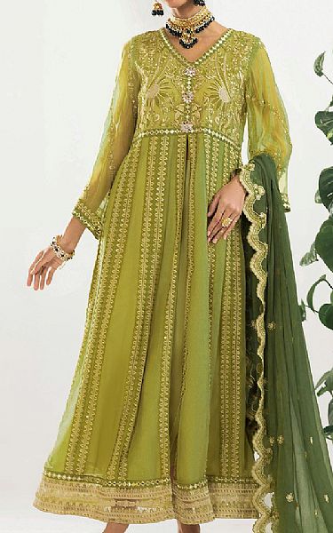 Khas Parrot Green Net Suit | Pakistani Embroidered Chiffon Dresses- Image 1