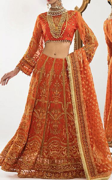 Khas Bright Orange Net Suit | Pakistani Embroidered Chiffon Dresses- Image 1