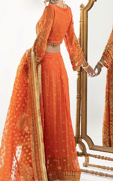 Khas Bright Orange Net Suit | Pakistani Embroidered Chiffon Dresses- Image 2