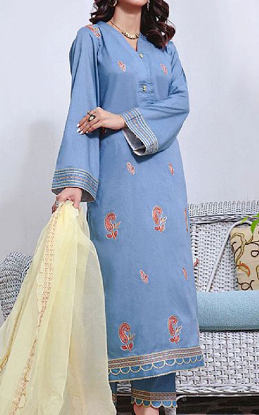Cornflower Blue Cambric Suit | Khas Pakistani Winter Dresses