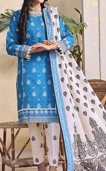 Khas Mid Blue/White Khaddar Suit | Pakistani Winter Dresses- Image 1