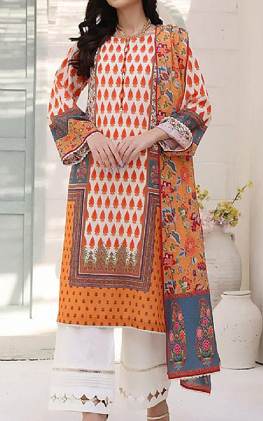 Khas Off-white/Orange Khaddar Suit | Pakistani Winter Dresses- Image 1