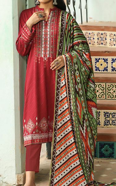 Lsm Red Cottel Suit | Pakistani Winter Dresses- Image 1