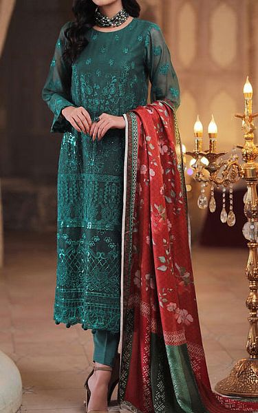 Lsm Teal Cotton Net Suit | Pakistani Dresses in USA- Image 1