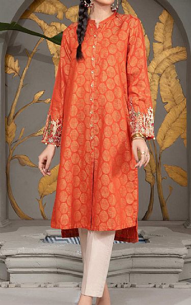 Limelight Safety Orange Jacquard Kurti | Pakistani Winter Dresses- Image 1