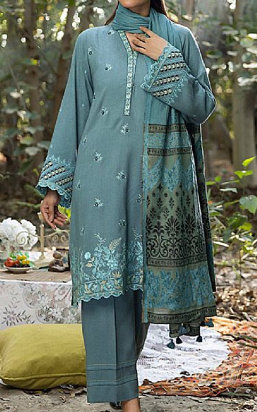 Lsm Greyish Turquoise Slub Suit | Pakistani Winter Dresses in USA- Image 1