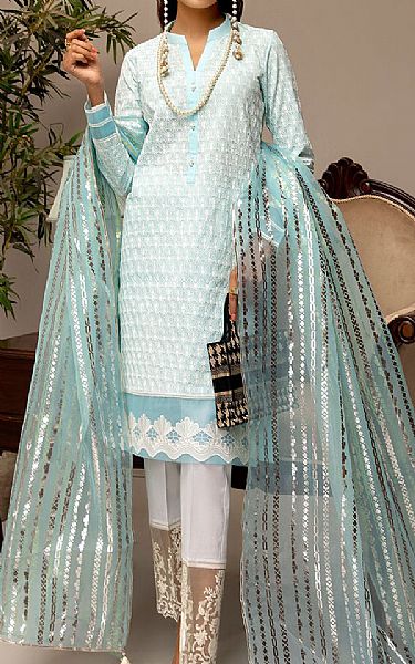 Mahum Asad White/Sky Blue Cotton Suit | Pakistani Dresses in USA- Image 1