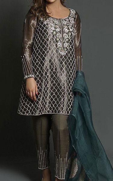 Mahum Asad Floral Tissue Worked Pishwass | Pakistani Pret Wear Clothing by Mahum Asad- Image 1