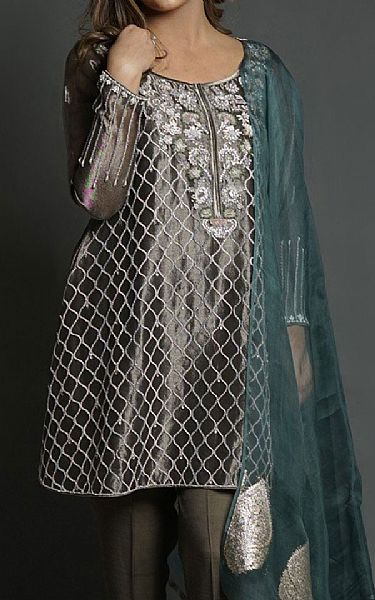 Mahum Asad Floral Tissue Worked Pishwass | Pakistani Pret Wear Clothing by Mahum Asad- Image 2