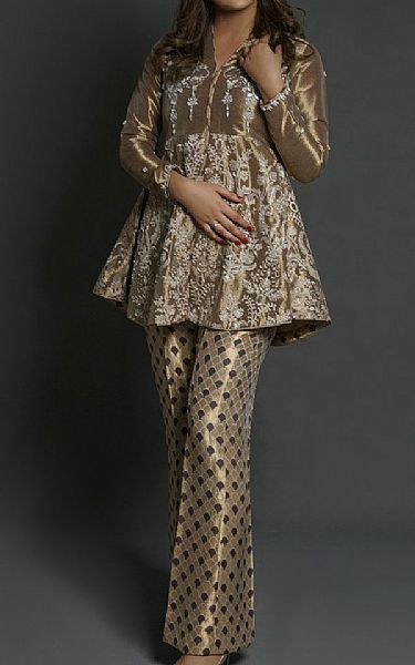 Mahum Asad Gold Tissue Peplum | Pakistani Pret Wear Clothing by Mahum Asad- Image 1
