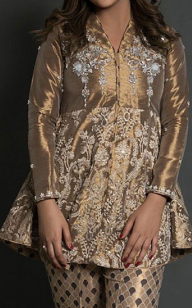 Mahum Asad Gold Tissue Peplum | Pakistani Pret Wear Clothing by Mahum Asad- Image 2
