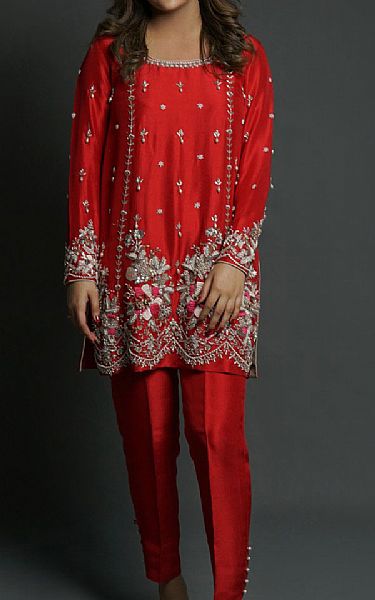 Mahum Asad Red Zardozi Scallop Border | Pakistani Pret Wear Clothing by Mahum Asad- Image 1