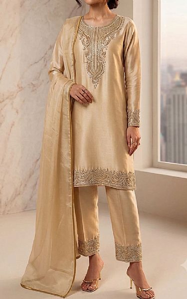 Mahveen Golden Tissue Silk Suit | Pakistani Embroidered Chiffon Dresses USA- Image 1
