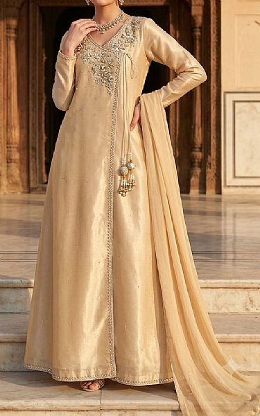 Mahveen Golden Tissue Silk Suit | Pakistani Embroidered Chiffon Dresses USA- Image 1