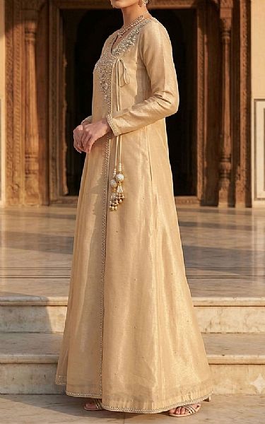 Mahveen Golden Tissue Silk Suit | Pakistani Embroidered Chiffon Dresses USA- Image 3