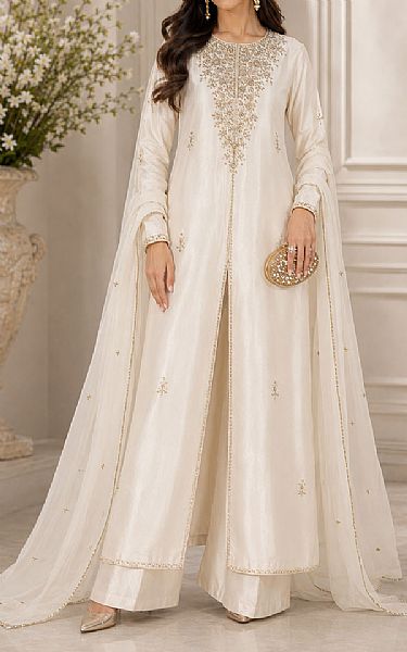 Mahveen Off-white Tissue Silk Suit | Pakistani Embroidered Chiffon Dresses USA- Image 1