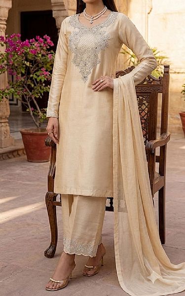 Mahveen Fawn Raw Silk Suit | Pakistani Embroidered Chiffon Dresses USA- Image 1