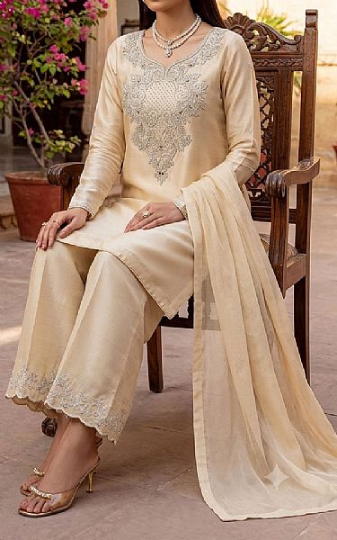 Mahveen Fawn Raw Silk Suit | Pakistani Embroidered Chiffon Dresses USA- Image 2