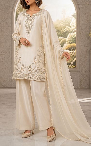 Mahveen Ivory Tissue Silk Suit | Pakistani Embroidered Chiffon Dresses USA- Image 1