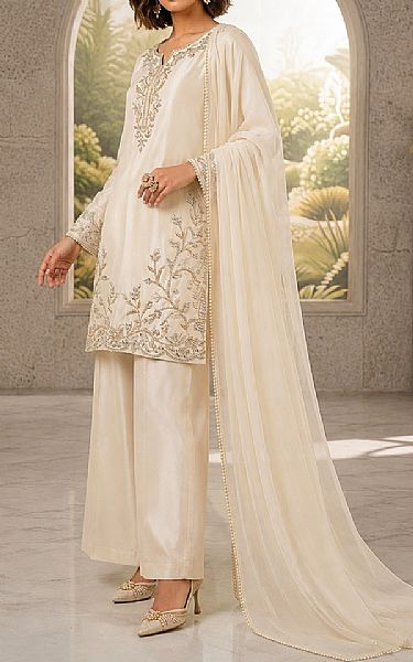 Mahveen Ivory Tissue Silk Suit | Pakistani Embroidered Chiffon Dresses USA- Image 2
