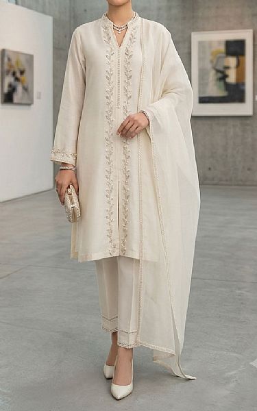 Mahveen Off-white Raw Silk Suit | Pakistani Embroidered Chiffon Dresses USA- Image 1