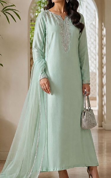 Mahveen Light Sea Green Raw Silk Suit | Pakistani Embroidered Chiffon Dresses USA- Image 1