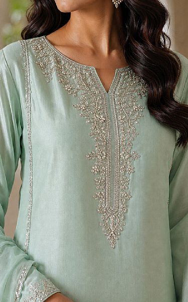 Mahveen Light Sea Green Raw Silk Suit | Pakistani Embroidered Chiffon Dresses USA- Image 2