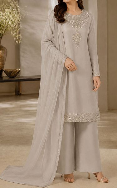 Mahveen Light Grey Raw Silk Suit | Pakistani Embroidered Chiffon Dresses USA- Image 1