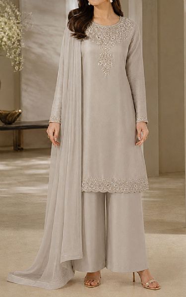 Mahveen Light Grey Raw Silk Suit | Pakistani Embroidered Chiffon Dresses USA- Image 2