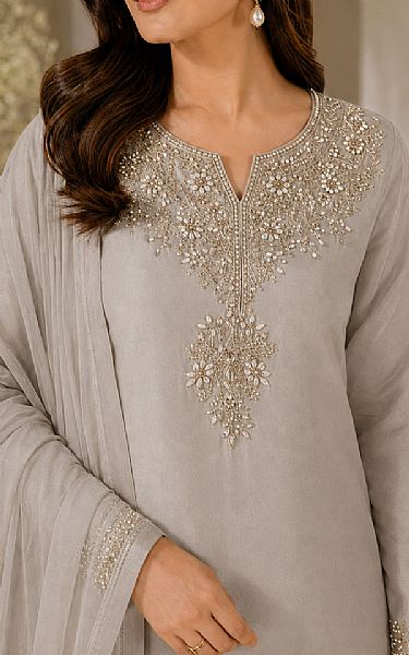 Mahveen Light Grey Raw Silk Suit | Pakistani Embroidered Chiffon Dresses USA- Image 3