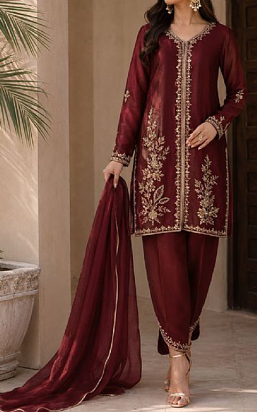 Mahveen Maroon Tissue Silk Suit | Pakistani Embroidered Chiffon Dresses USA- Image 1
