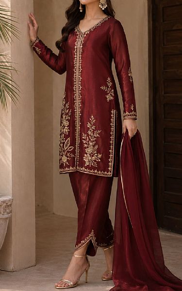 Mahveen Maroon Tissue Silk Suit | Pakistani Embroidered Chiffon Dresses USA- Image 2
