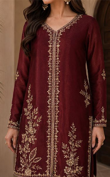 Mahveen Maroon Tissue Silk Suit | Pakistani Embroidered Chiffon Dresses USA- Image 3