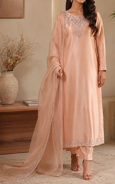 Mahveen Peach Tissue Silk Suit | Pakistani Embroidered Chiffon Dresses USA- Image 1