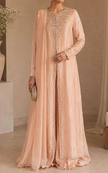 Mahveen Peach Tissue Silk Suit | Pakistani Embroidered Chiffon Dresses USA- Image 1
