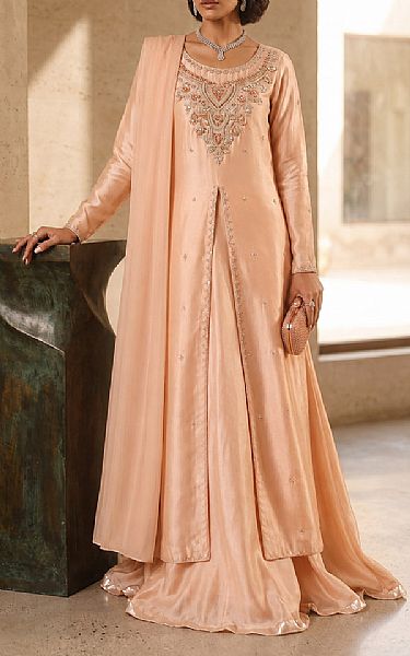 Mahveen Peach Tissue Silk Suit | Pakistani Embroidered Chiffon Dresses USA- Image 1